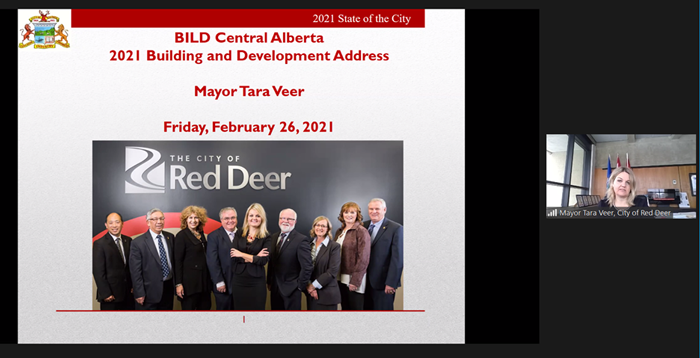 Mayor Veer delivering her presentation to BILD Central Alberta