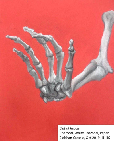 drawing of a skeleton hand/arm on stark red background